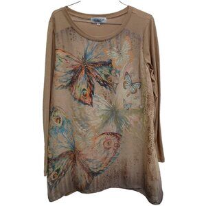 Closet Full Tunic Top Women Large Brown Wearable Art Butterfly Rhinestone Casual